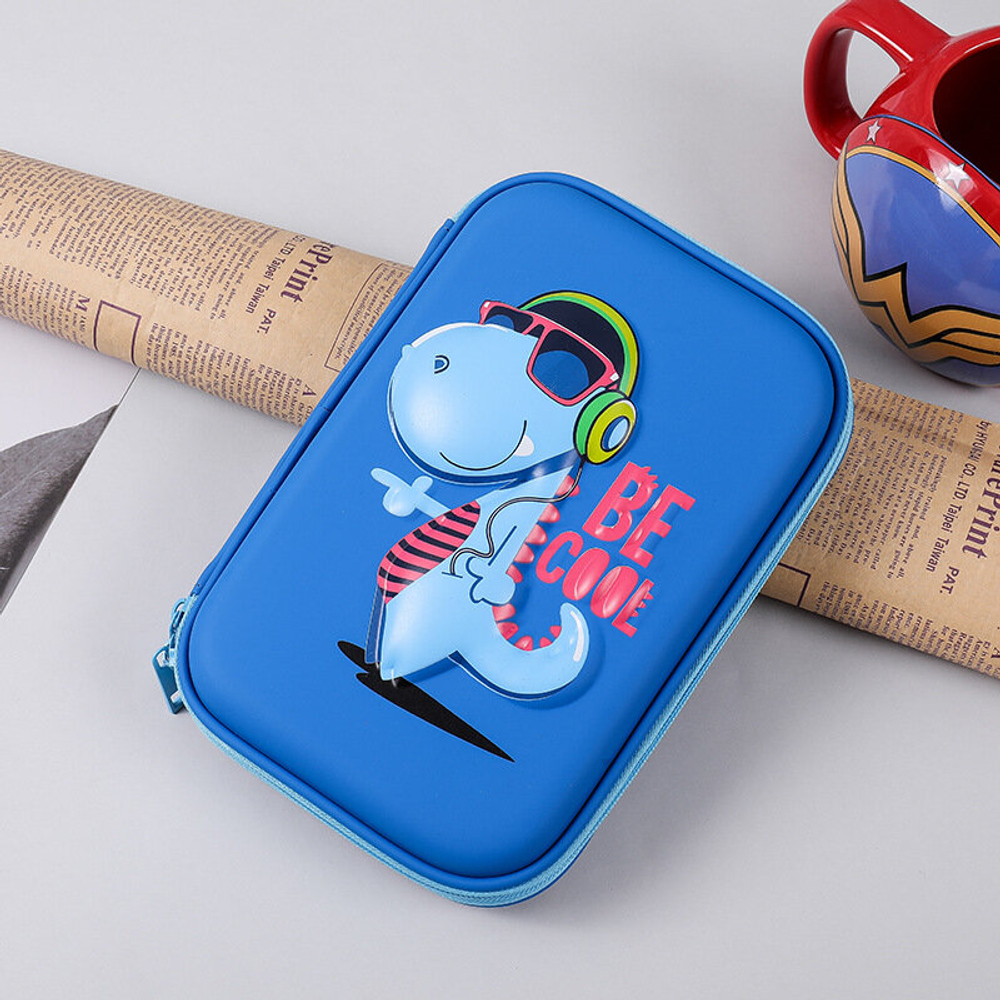 Пенал школьный с динозавром в школу для девочек мальчиков с 3д рисунком на молнии,  голубой