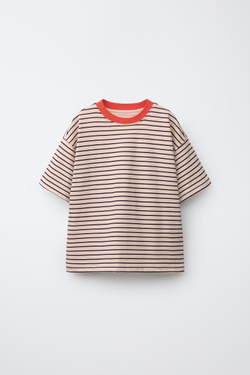 ZARA ФУТБОЛКА В КОНТРАСТНУЮ ПОЛОСКУ, РОЗОВЫЙ