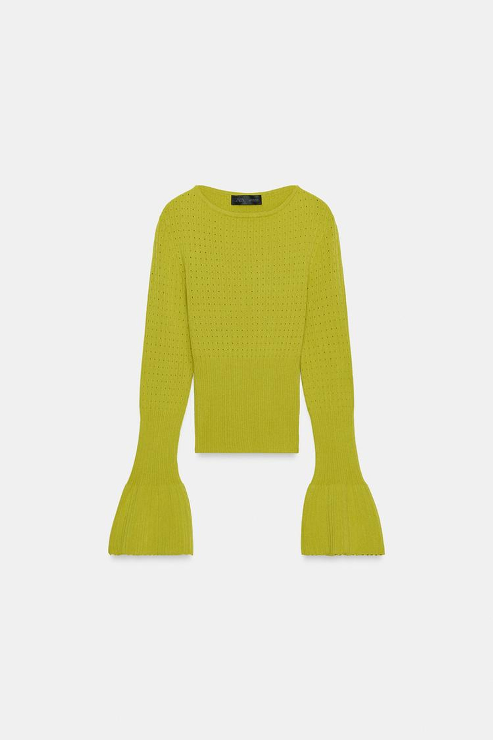 ZARA ДЖЕМПЕР ВЯЗАНЫЙ АЖУРНЫЙ С РУКАВАМИ КЛЕШ, ЗЕЛЕНЫЙ