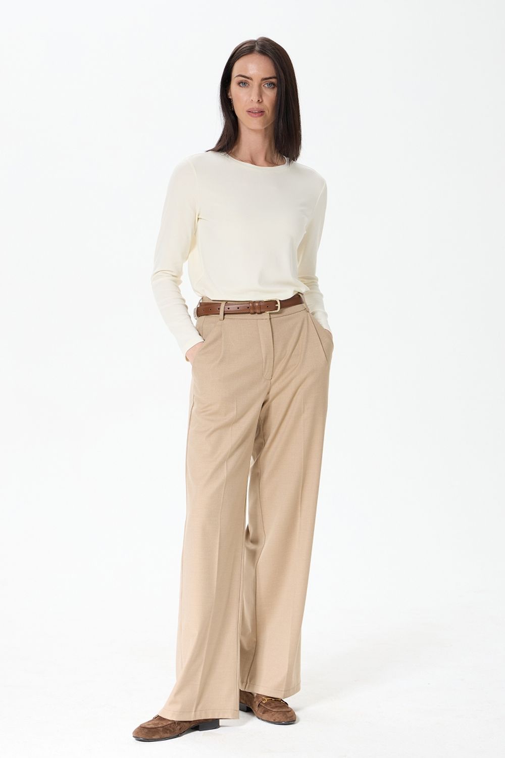 Брюки палаццо на молнии бежевая смесовая шерсть