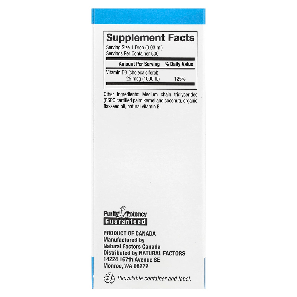 Natural Factors, Витамин D3 в каплях, без ароматизаторов, 25 мкг (1000 МЕ), 15 мл (0,5 жидкой унции)
