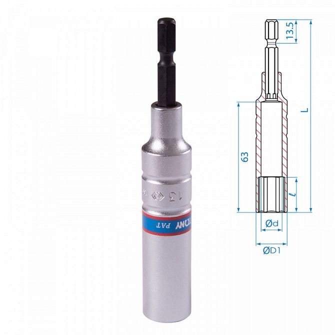 KING TONY (76C1113M) Головка для шуруповерта шестигранная 1/4", 13 мм, L = 110 мм