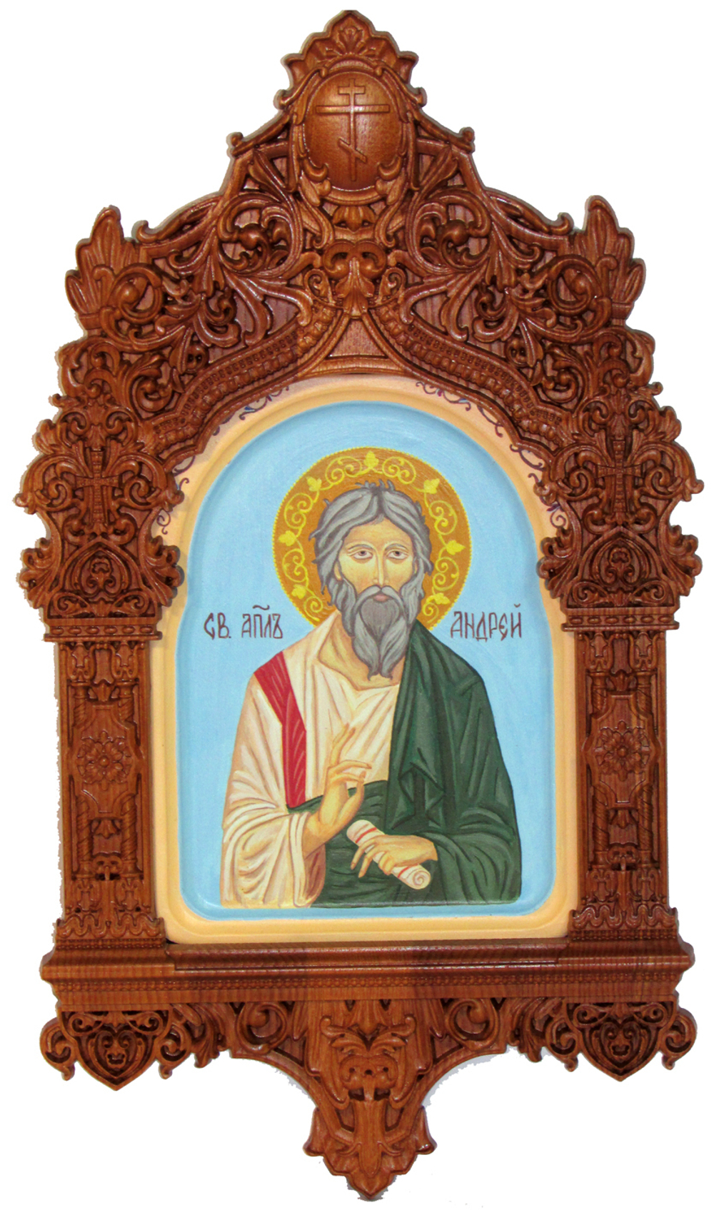 Рукописная икона Святой апостол Андрей Первозванный на кипарисе 20х15см в резном киоте