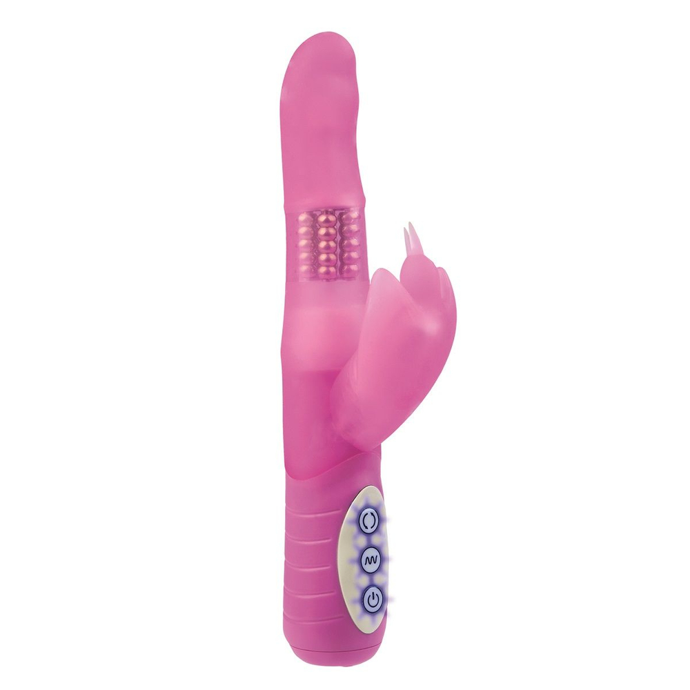 Розовый вибромассажёр с клиторальным стимулятором и вращающимися шариками Petite Flutter - 21 см. (Цвет: розовый)