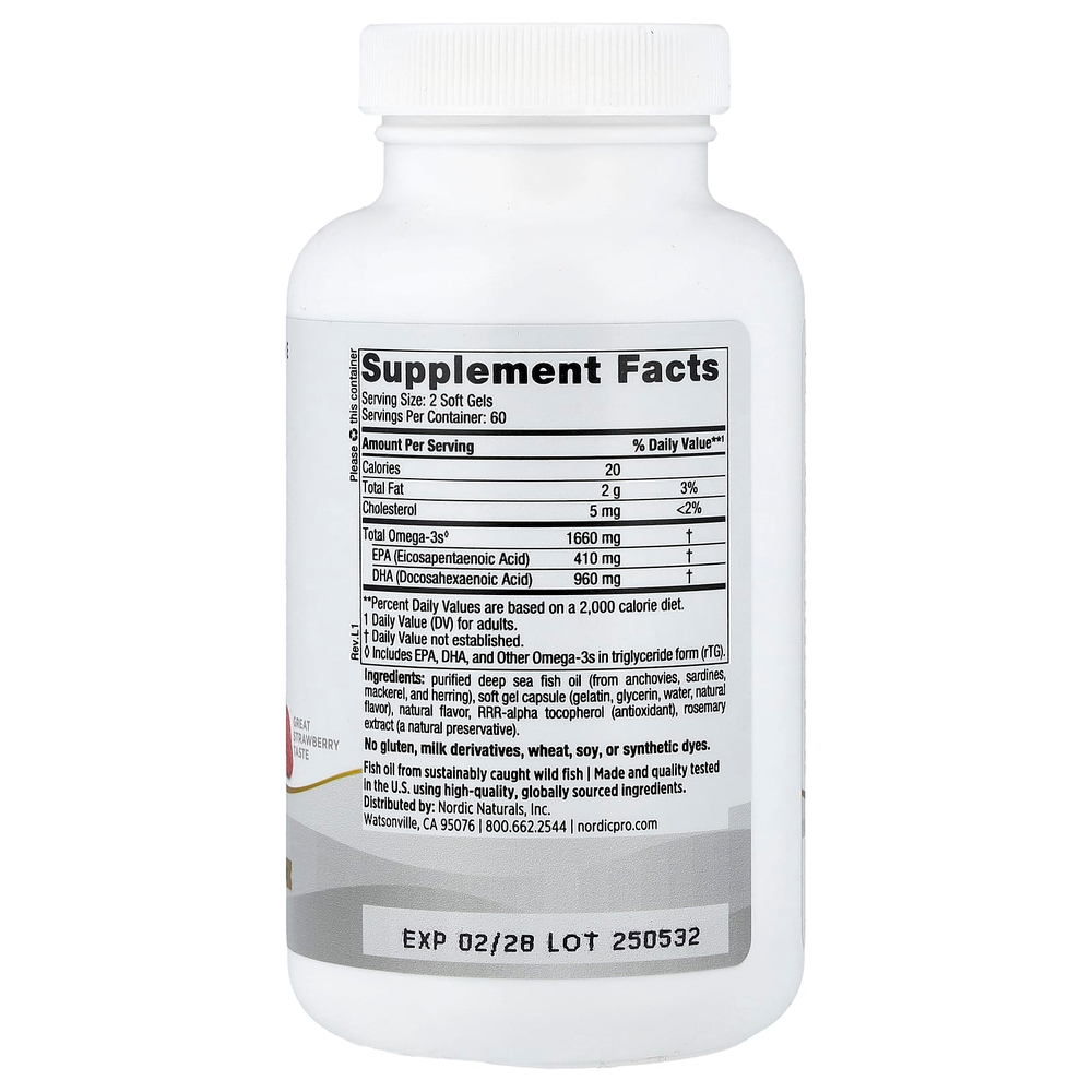 Nordic Naturals, ProDHA Xtra™, омега кислоты, клубника, 120 капсул
