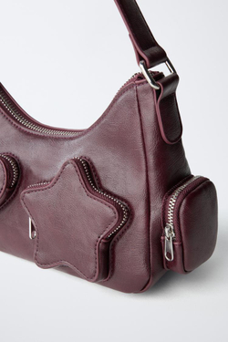 ZARA СУМКА SHOULDER С КАРМАНАМИ, БОРДОВО-КРАСНЫЙ