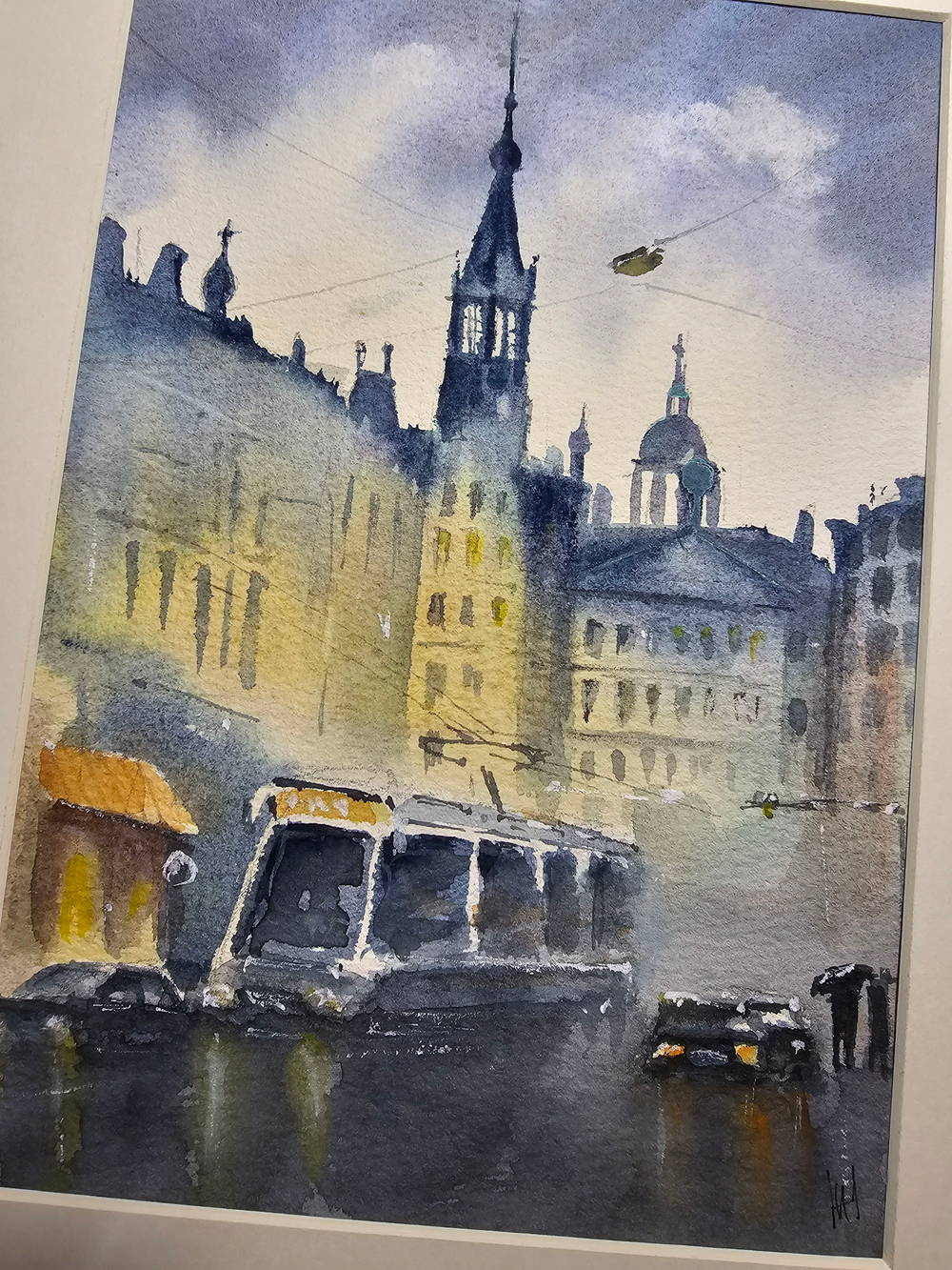 Картина авторская акварельная в паспарту 21х30 см на стену для интерьера "Дождь в Амстердаме"