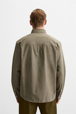 ZARA РУБАШКА ИЗ ХЛОПКА И ЛИОЦЕЛЛА, СЕРОВАТО-КОРИЧНЕВЫЙ