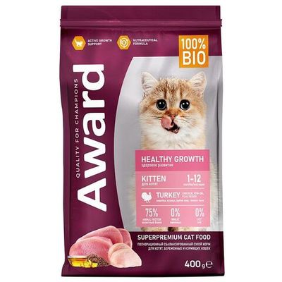 Сухой корм AWARD Healthy growth для котят, беременных и кормящих кошек с индейкой и курицей, с рыбьим жиром и семенами льна, Пакет 400 г