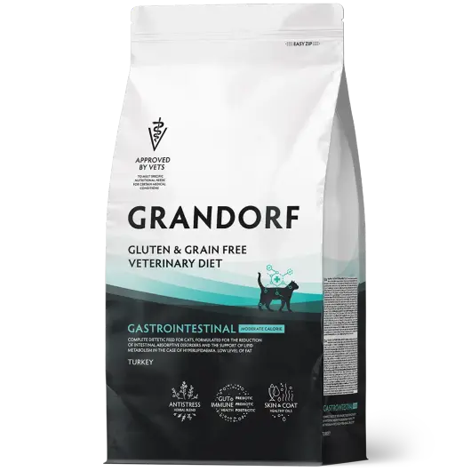 Сухой корм GRANDORF VETERINARY DIET Cat GASTROINTESTINAL MODERATE CALORIE, Полнорационный диетический сухой корм для кошек, разработанный для лечения острых расстройств пищеварения и поддержки липидного обмена при гиперлипидемии индейка 0,4кг
