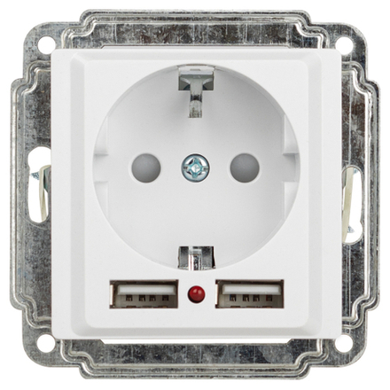 Розетка Intro Accent 6-410-01 с заземлением 2P+E Schuko со шторками 16А-250В + 2хUSB IP20 СУ белый