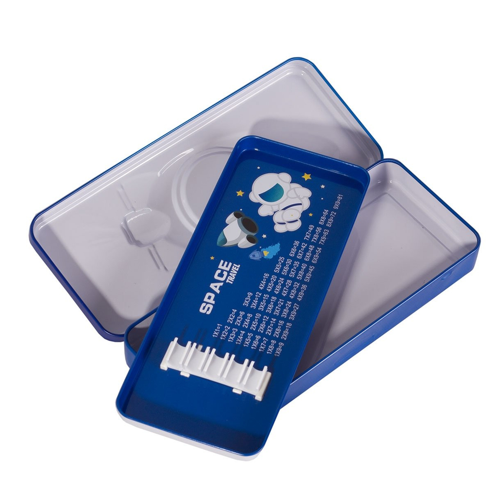 Пенал металлический 2 отделения Alingar, таблица умножения, органайзер, 100 х 220 мм, "Space travel. Космонавт", синий (космонавт в ракете)