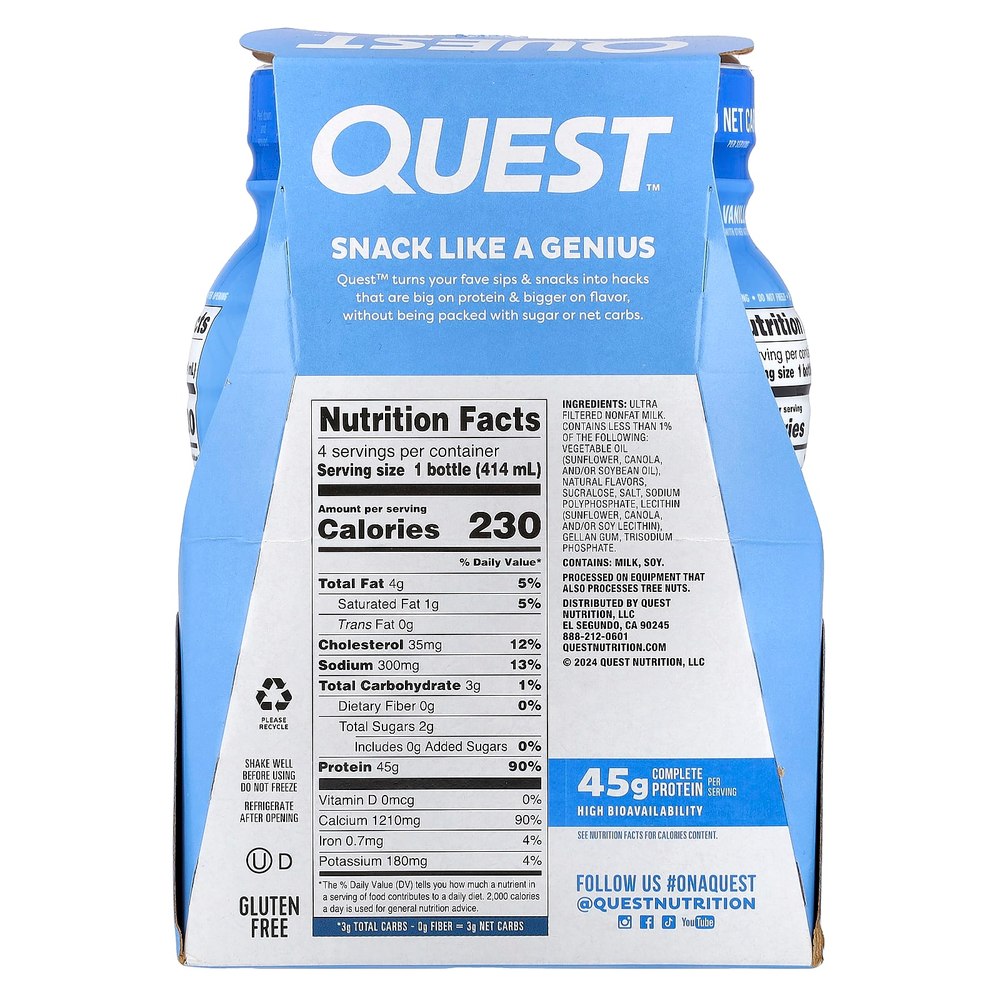 Quest Nutrition, Протеиновый молочный коктейль, ваниль, 4 флакона по 414 мл (14 жидк. Унций)
