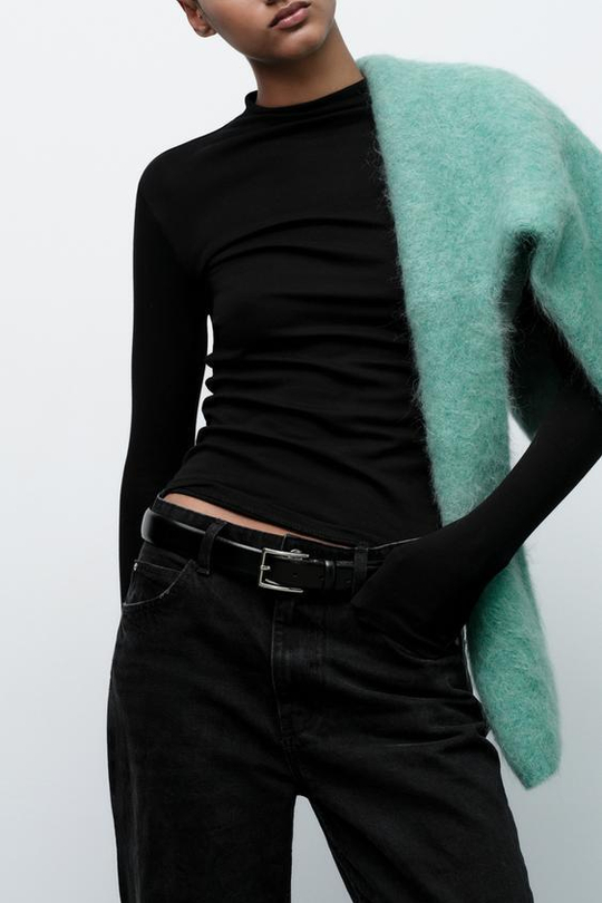 ZARA ФУТБОЛКА С ВОРОТНИКОМ-СТОЙКОЙ, ЧЕРНЫЙ