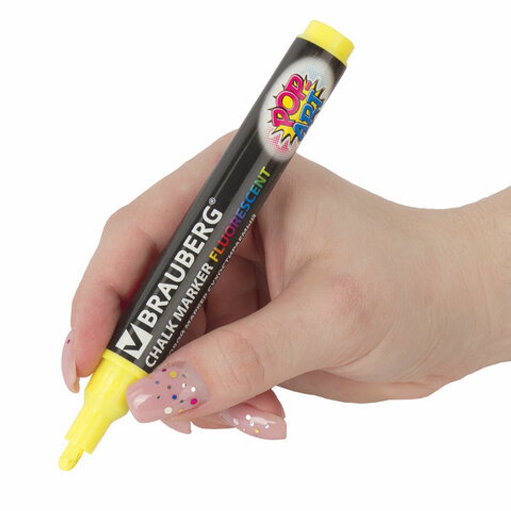 Маркер меловой "POP-ART" ЖЕЛТЫЙ, 5 мм, сухостираемый, для гладких поверхностей, BRAUBERG, 151528