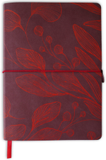 НОВИНКА! Блокнот "Leaves" в клетку А5 128 листов, гибкая обложка из бархатистой экокожи нубук  (цвет винный) с тиснением рисунка красной матовой фольгой