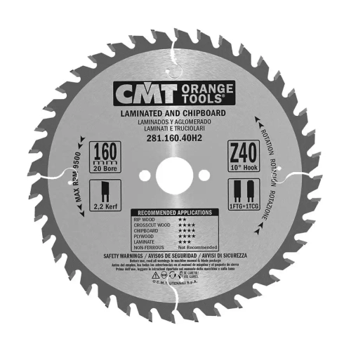 Диск пильный 160x20x2,2/1,6 10° TCG Z=40 CMT 281.160.40H2