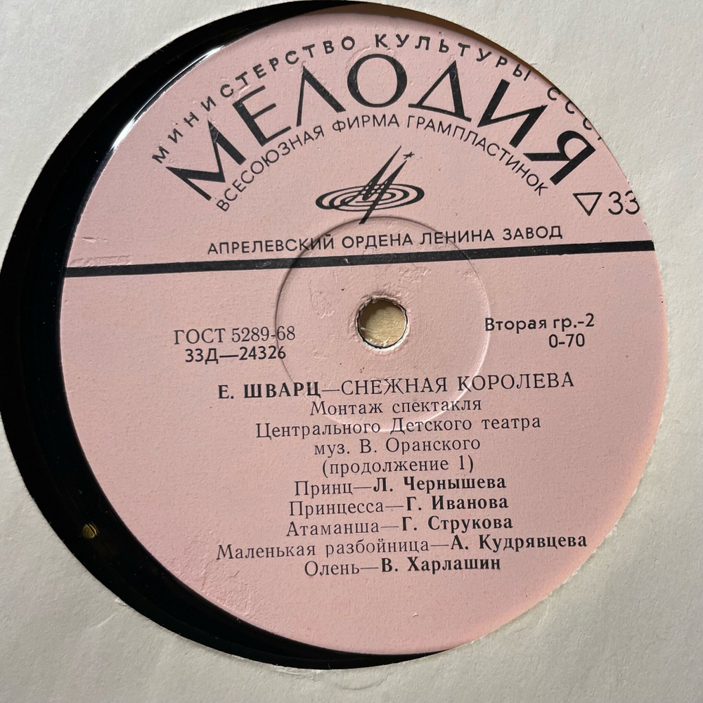 Винтажная виниловая пластинка LP Детская Сказка Е. Шварц Снежная Королева (СССР 1977) 10 дюймов