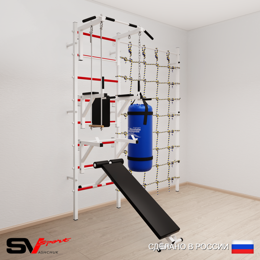 Шведская стенка Sv Sport 59330 (Турник стандарт/Брусья/Стойка/Скамья/Трапеция/Цепь/Мешок 30кг/Канатный лаз)