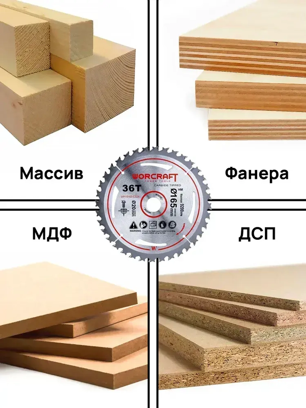 Пильный диск твердосплавный WORCRAFT WPI19165-CS24, 36T TCT, 165х1,6х20 мм