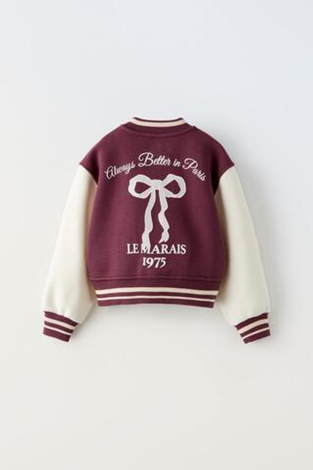 ZARA КУРТКА-БОМБЕР С ВЫШИТЫМ БАНТОМ, ГРАНАТОВЫЙ