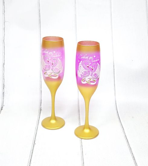Свадебные бокалы , золото с темно-розовым, Совет да любовь, марганец