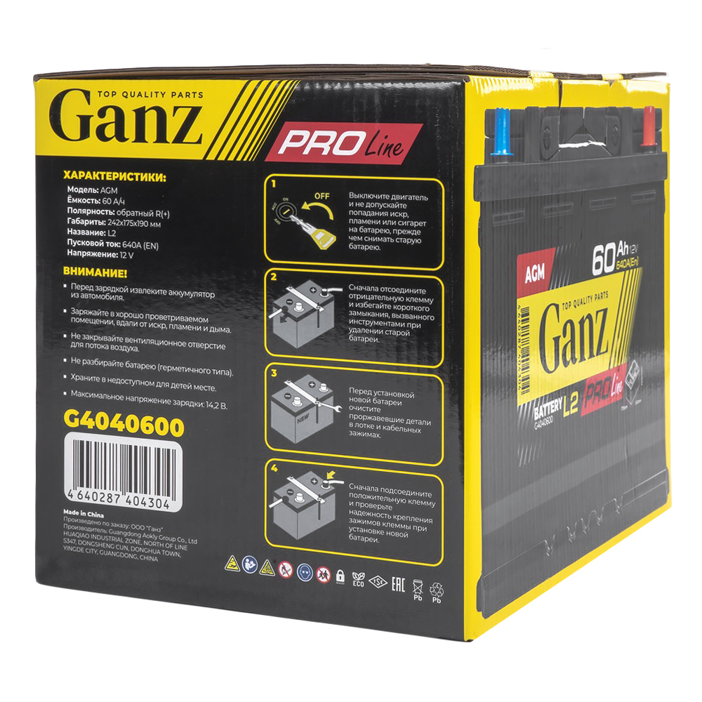 Аккумулятор GANZ PRO-Line AGM 60 А/ч обратный R+ 242x175x190 L2 EN 640 А