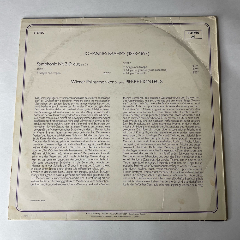 Винтажная виниловая пластинка LP Brahms Брамс, Симфония Symphony No. 2 (Германия 1975)
