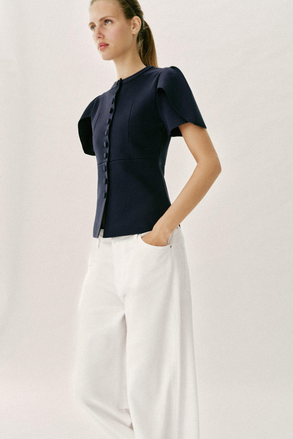 ZARA КАРДИГАН С ОБЪЕМНЫМИ РУКАВАМИ И РАЗРЕЗАМИ, МОРСКОЙ СИНИЙ