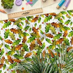 Ткань блэкаут желтеющие листья дуба и вишня на белом фоне