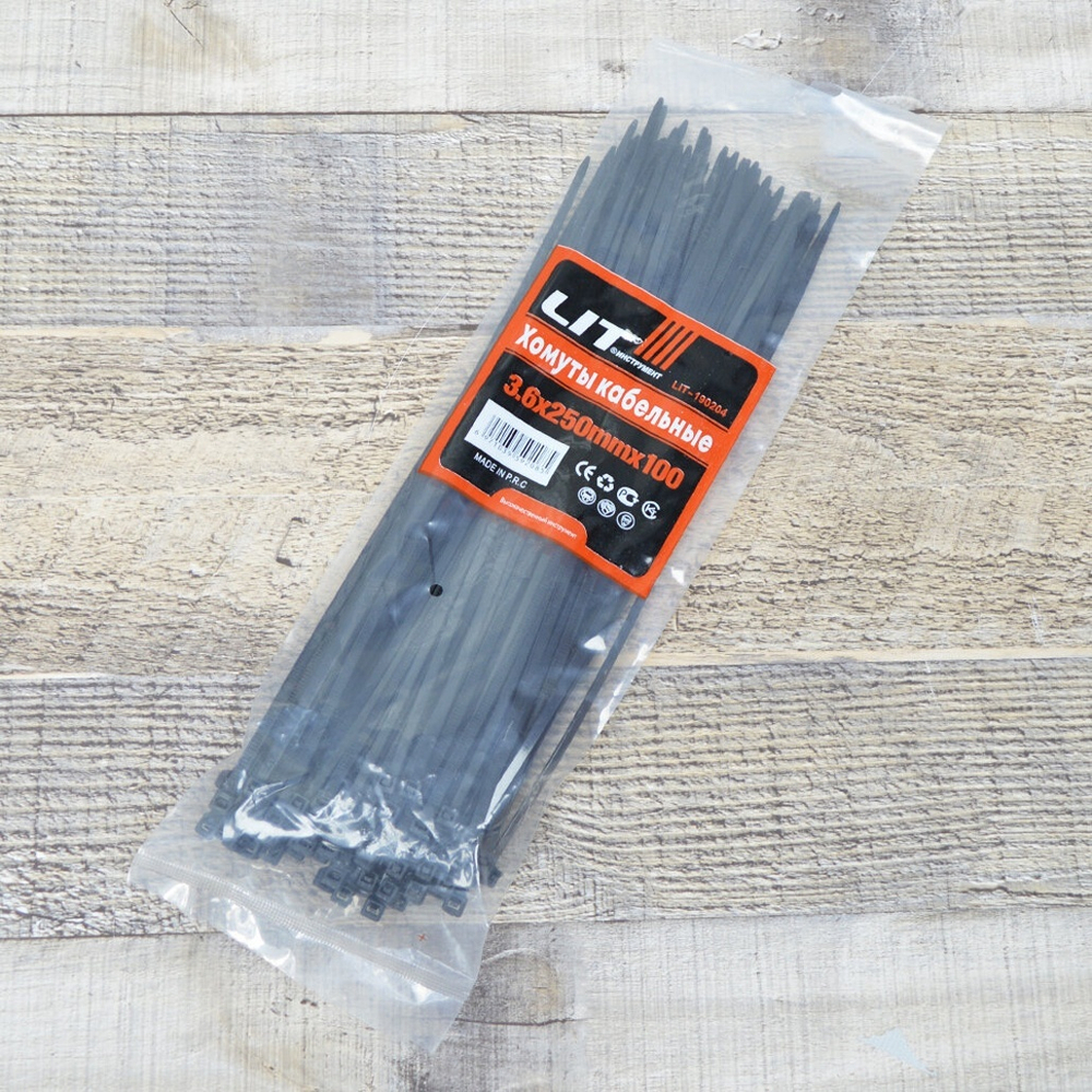 Хомут-стяжка 100шт 250*3,6мм черный, нейлон "LIT" (190205)