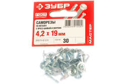 Саморезы с прессшайбой и сверлом по листовому металлу до 2 мм Зубр PH2 4,2х19 мм 30шт 300216-42-019