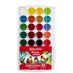Краски акварельные BRAUBERG "МАГИЯ ЦВЕТА" 32 цвета, медовые, круглые кюветы, пластиковый пенал, 191804