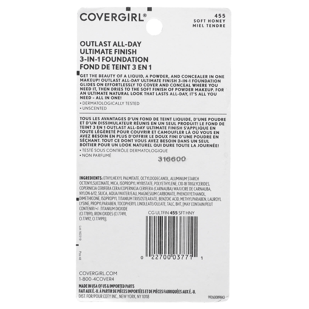 Covergirl, Outlast All-Day Ultimate Shine, тональный крем 3 в 1, оттенок 455 «Медовый», 11 г (0,4 унции)