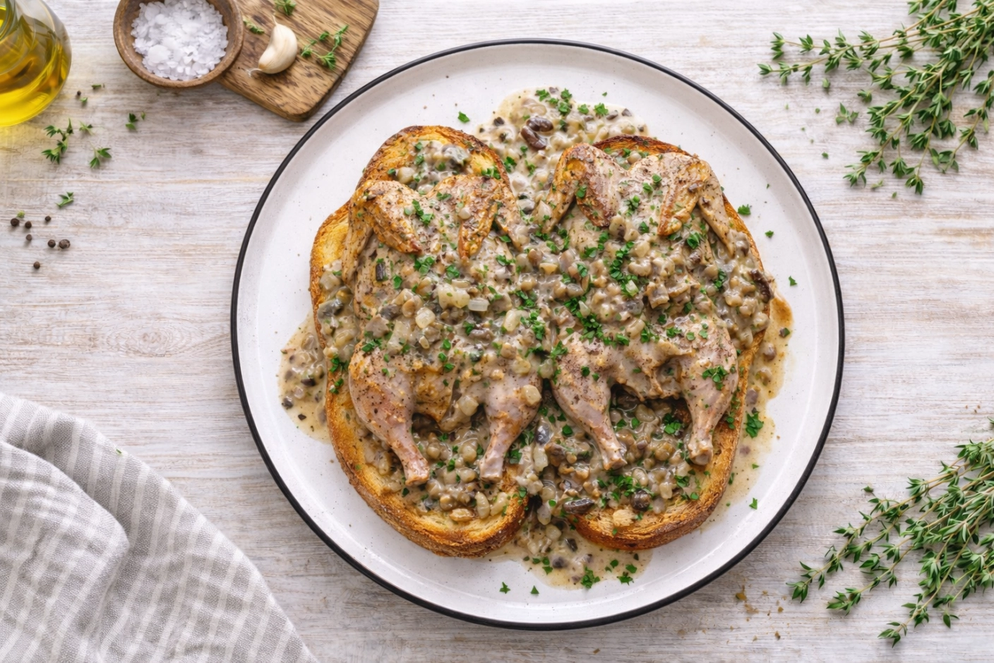 Перепёлка с белыми грибами в сливочном соусе