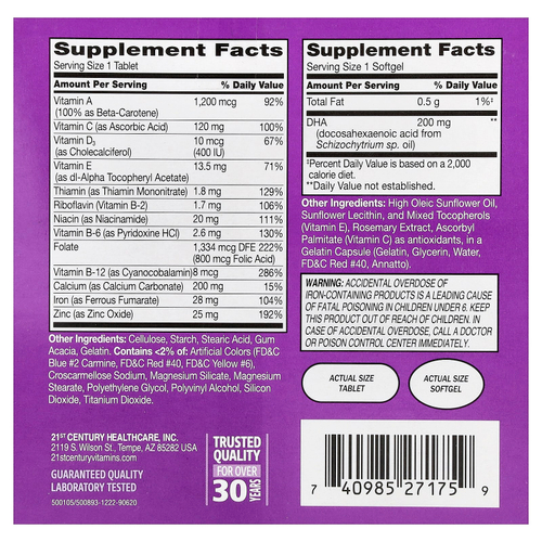 21st Century, Пренатальный комплекс мультивитаминов и минералов + ДГК, 2 флакона, 60 таблеток / 60 мягких таблеток