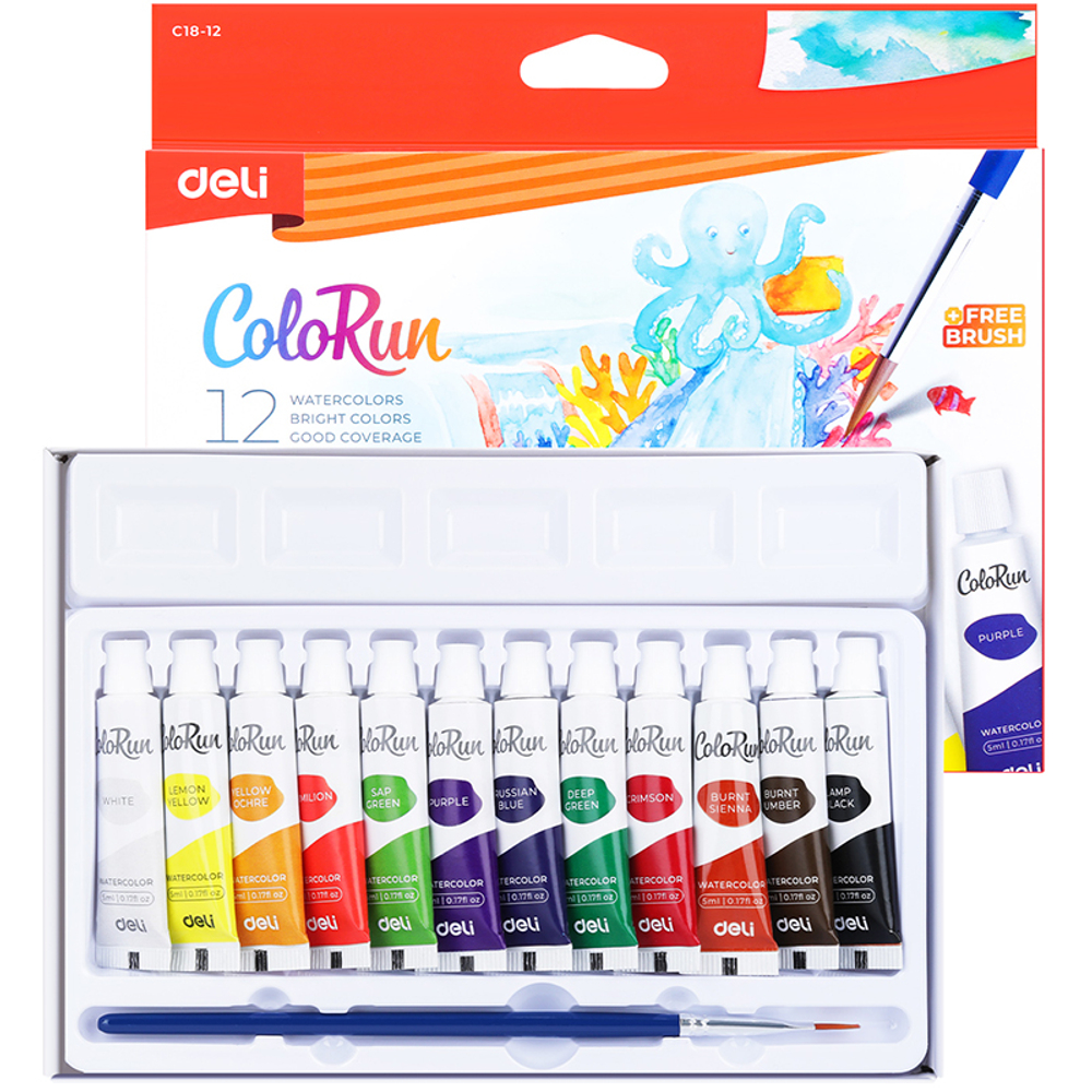 Краски акварельные DELI "ColoRun", художественные, 12 цветов в тубах по 5 мл.