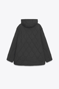 ZARA СТЕГАНАЯ КУРТКА С КАПЮШОНОМ, ЧЕРНЫЙ