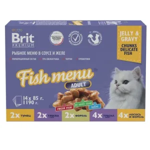 Набор паучей для кошек Brit Premium, Рыбное меню в соусе и желе, 14 шт х 85г