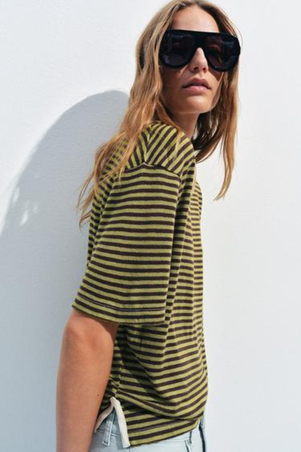 ZARA ФУТБОЛКА В ПОЛОСКУ В СТИЛЕ РУСТИК, КОРИЧНЕВЫЙ/ЗЕЛЕНЫЙ