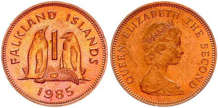 Фолклендские острова 1 пенни, 1974 - 1992 Пингвины XF