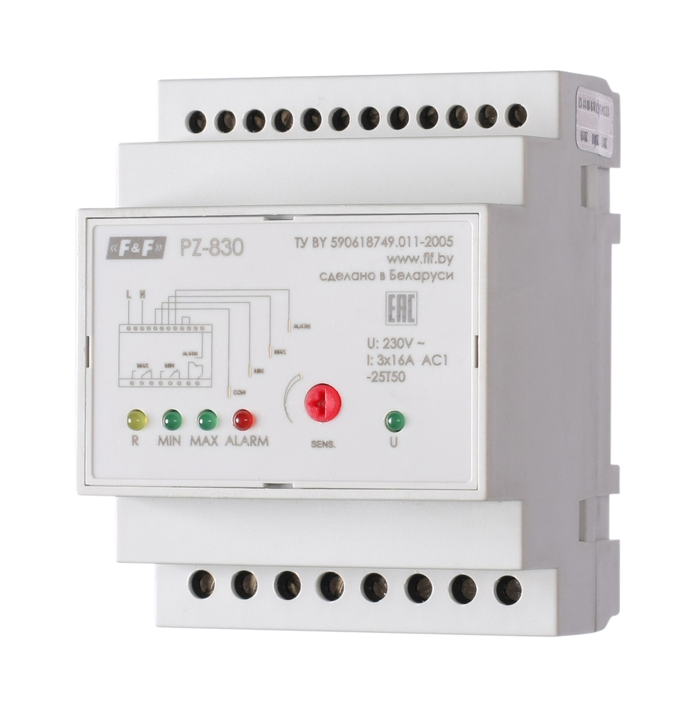 Реле контроля уровня жидкости PZ-830 230В AC 3х16А 3перкл. IP20 (трехуровневый контроль авар. уровня)