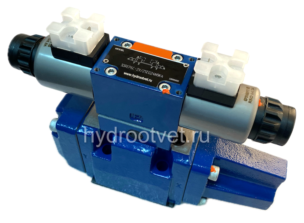 4WRZ10W6-25-7X/6EG24N9ETK4/D3V - Пропорциональный распределитель Ду10 без усилителя, номинальный расход 25 л/мин, схема W6, каналы управления ET - X и Y - внутренние