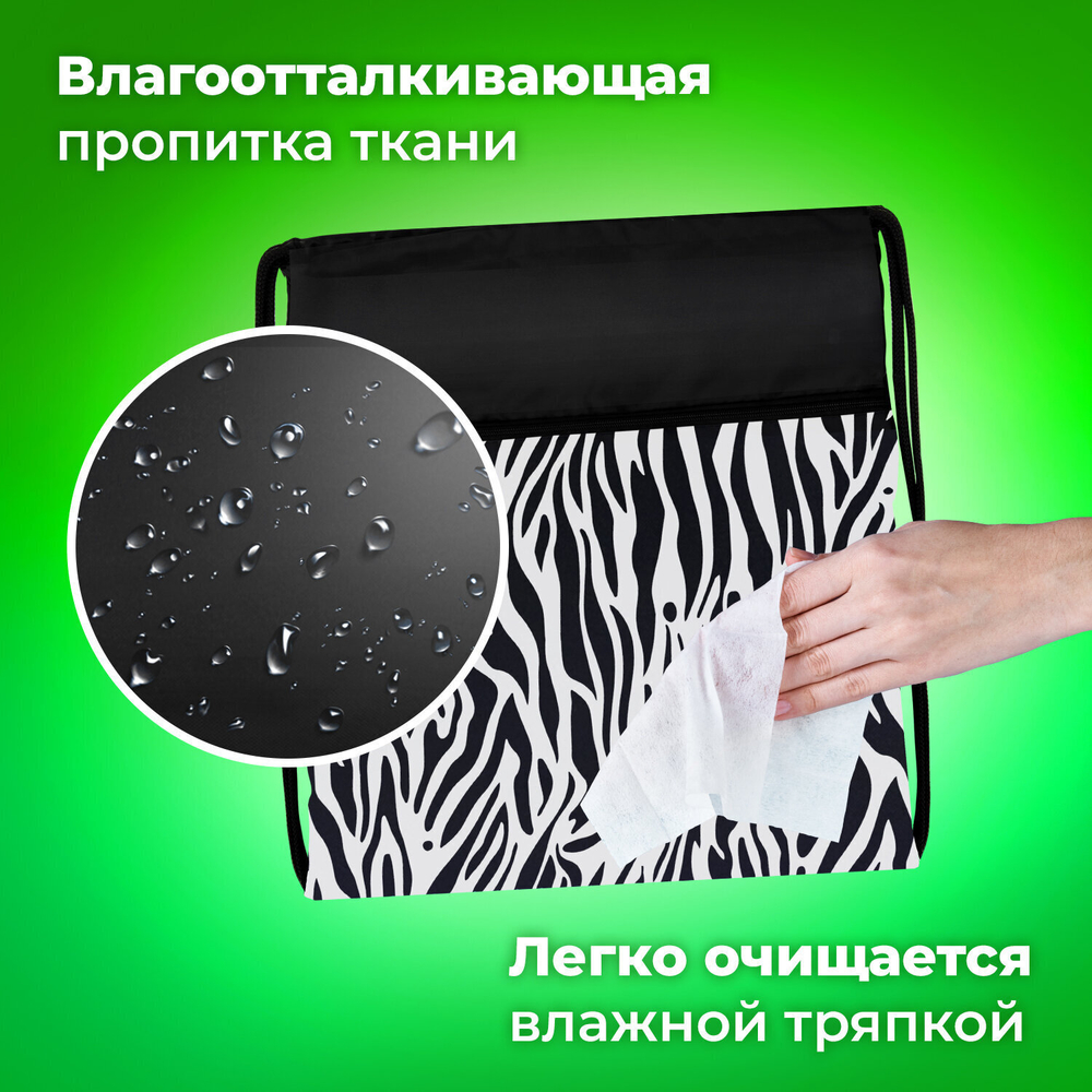Мешок для обуви BRAUBERG большой с ручкой карман на молнии сетка 49х41 см "Zebra" (2 штуки в упаковке)