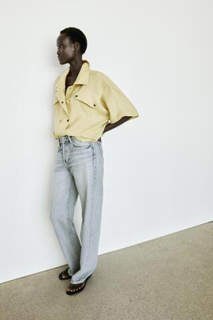 Massimo Dutti Льняная рубашка с короткими рукавами и кнопками, лаймовый