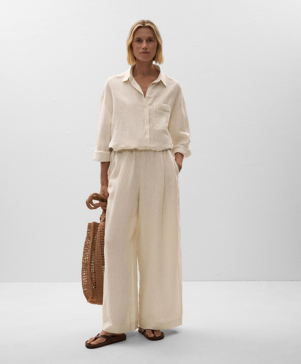 OYSHO Брюки широкие в полоску из 100% льна, светло-бежевый