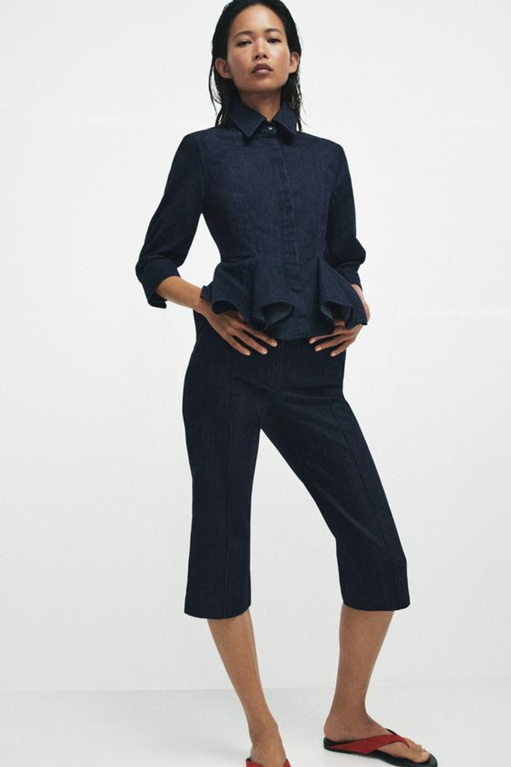 ZW COLLECTION ДЖИНСОВАЯ РУБАШКА С ПЕПЛУМОМ - ZARA