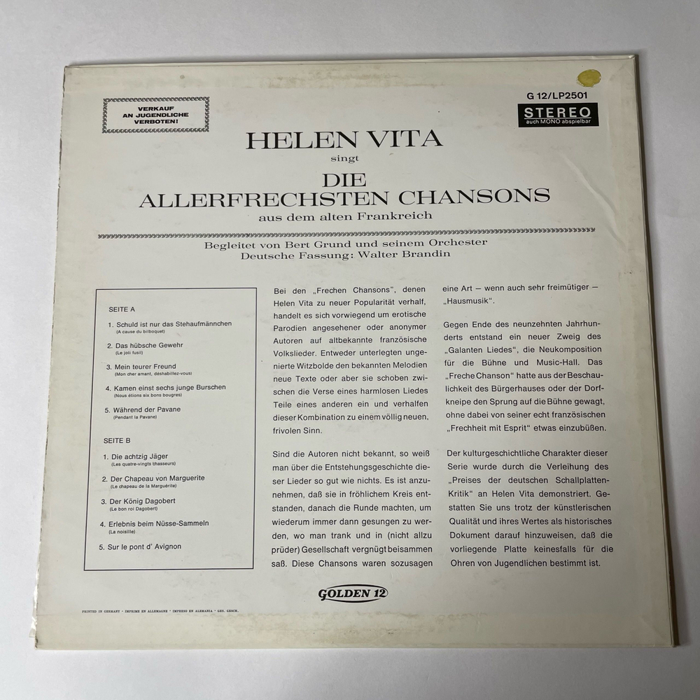 Винтажная виниловая пластинка LP Helen Vita, Die Allerfrechsten Chansons Aus Dem Alten Frankreich (Германия 1970)