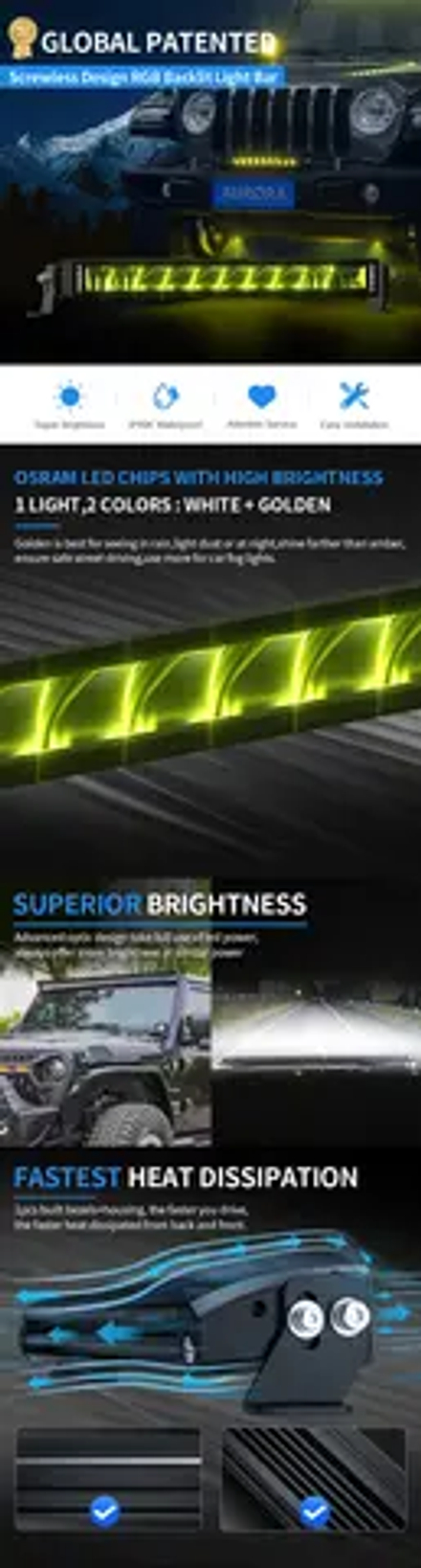 Светодиодная полоса AURORA, белые и золотисто-желтые светодиодные полосы для внедорожных грузовиков, квадроциклов 4x4, внедорожная световая панель