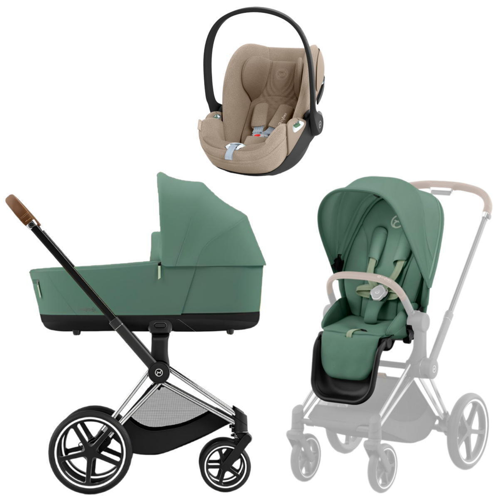 Коляска 3 в 1 Cybex Priam IV Chrome Brown complete и автокресло Cloud T i-Size Cozy Beige Plus Leaf Green